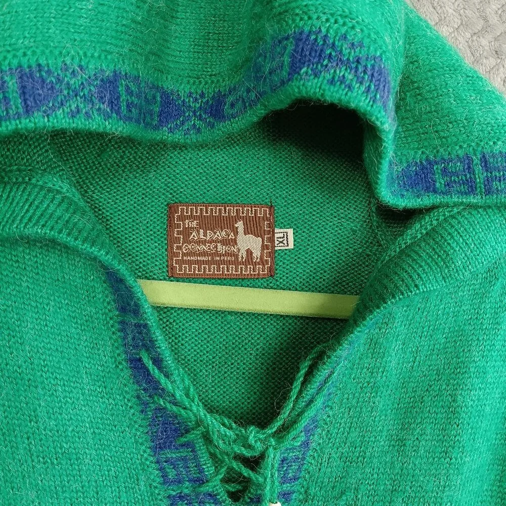 ALPACA CONNECTION Women's Hoodie Sweater XL Green Fringe Boho Hippie Aztec - Picture 3 of 8